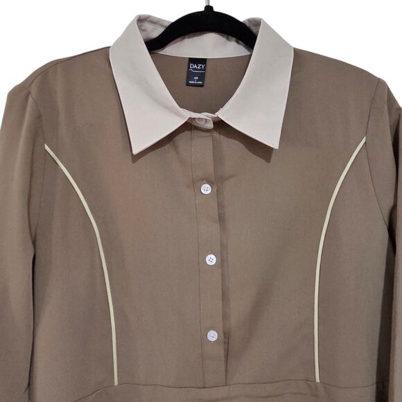 Dazy Tan Beige Contrast Collar Midi Shirt Dress Size L Long Sleeve Rayon Blend - Picture 7 of 10